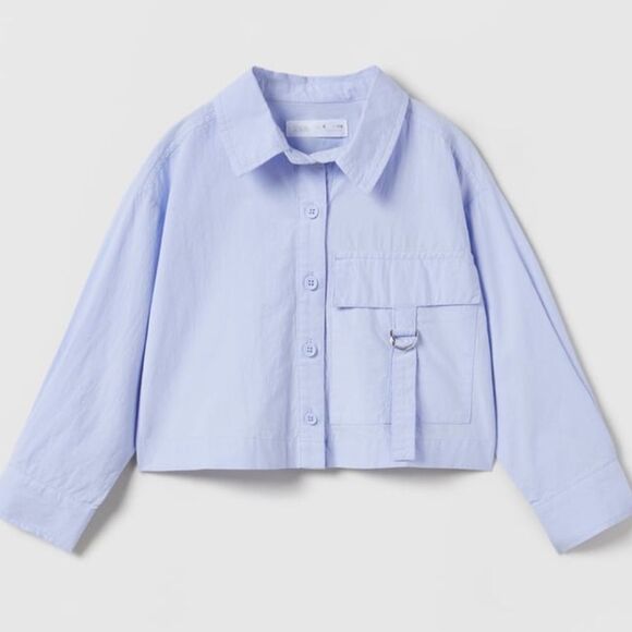 Zara Toggle Poppin Shirt Lt Blue Button down Midi Sz 11-12 NWT - Picture 1 of 6